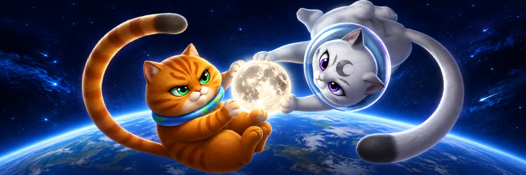The full scene: Terra curled on the edge of Earth and Nova floating above it, the glowing Moon held between their paws
