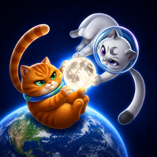 Purrbit: Terra, a round orange tabby with a blue-and-green gravity collar, sits on Earth gripping the Moon while Nova, a silver-white cat in a bubble helmet, floats upside down pulling it the other way